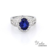 2.16 Cts Oval cut Blue Gemstone oval halo triple band, Engagement Ring Set in 18K White Gold